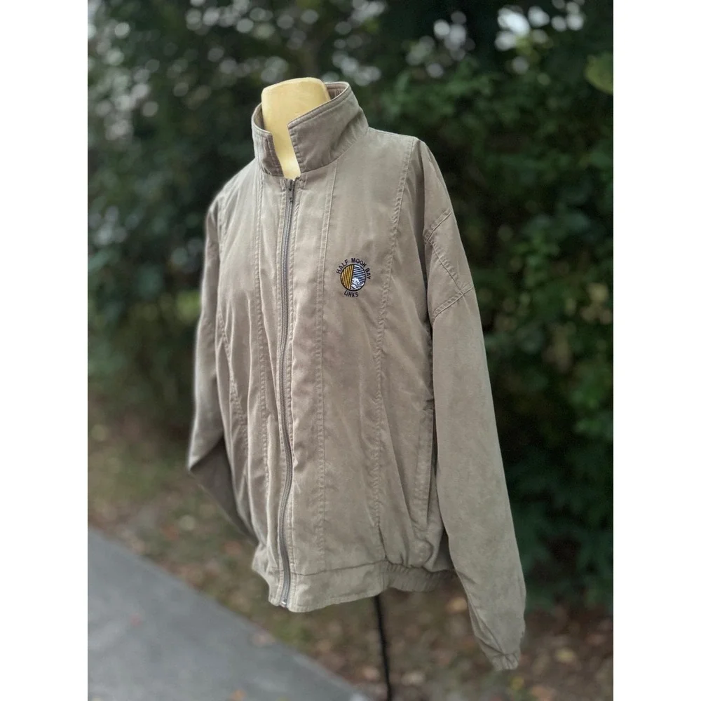 Y2K bomber jacket Boast Golf Windbreaker Jacket unisex XL light brown Zip Up - Picture 3 of 11